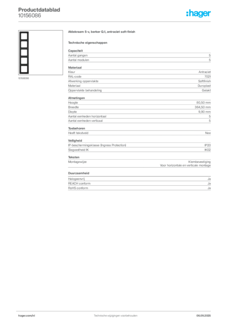 Afbeelding Hager Productdatablad 10156086 | Hager Nederland