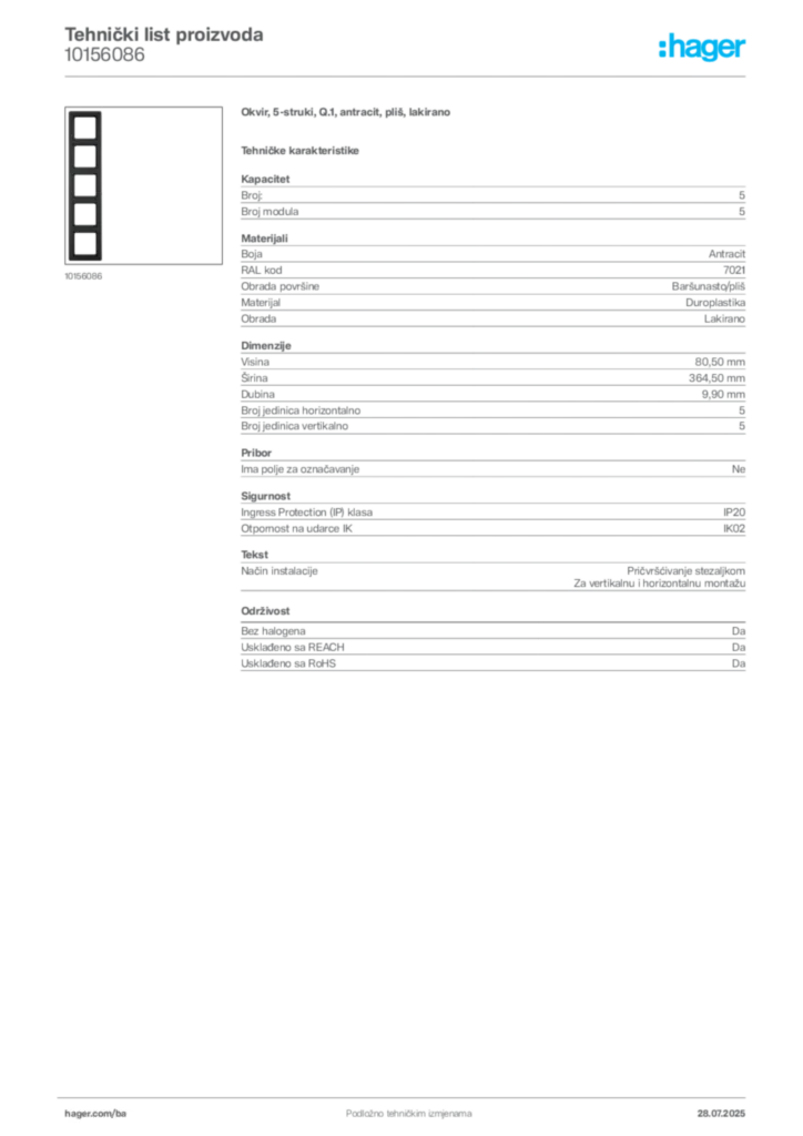 Slika Hager Product data sheet 10156086  | Hager