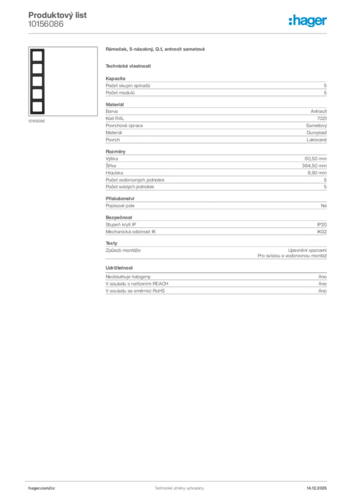 Obrázek Hager Produktový list 10156086 | Hager