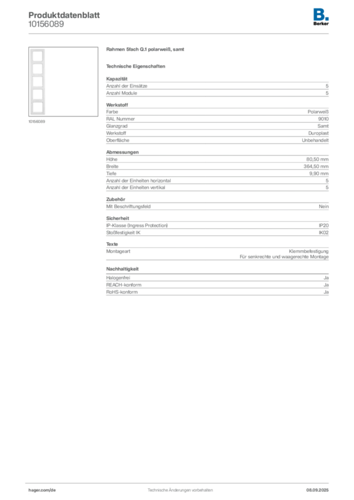Bild Berker Produktdatenblatt 10156089 | Hager Deutschland