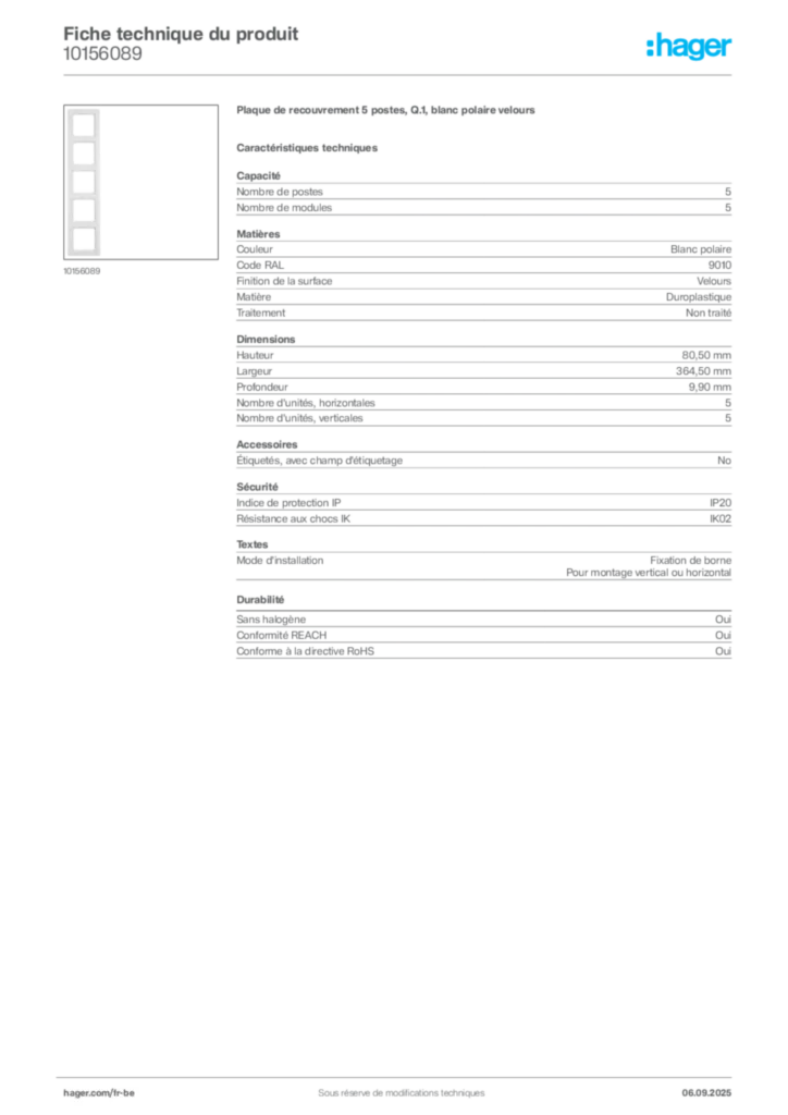 Image Hager Fiche technique du produit 10156089 | Hager Belgique
