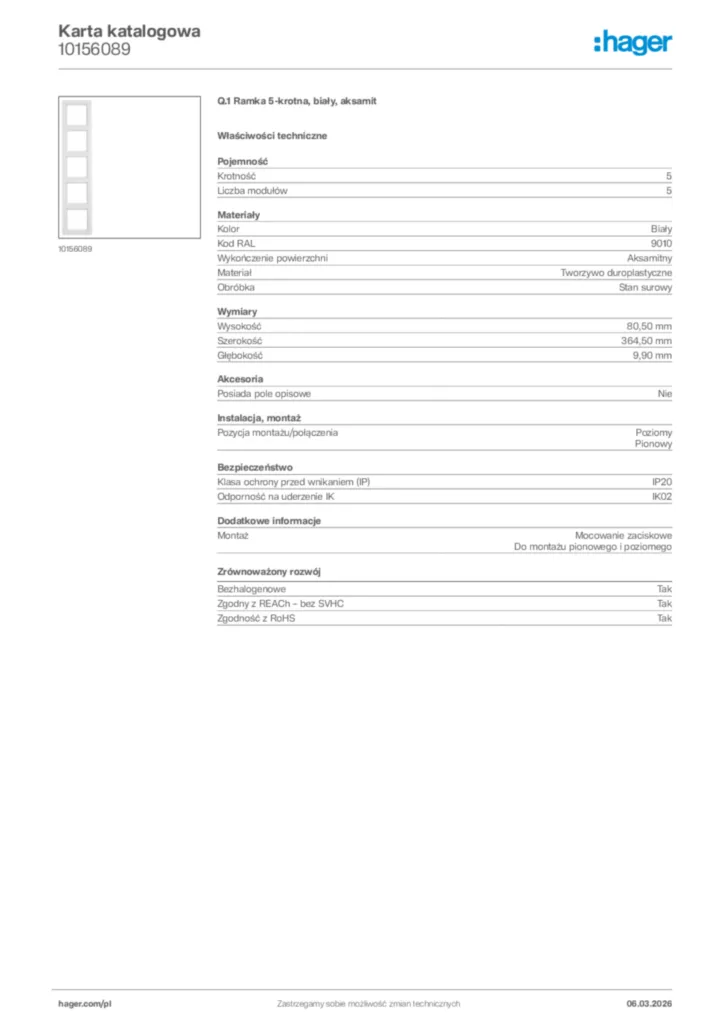 Zdjęcie Hager Karta katalogowa 10156089 | Hager Polska