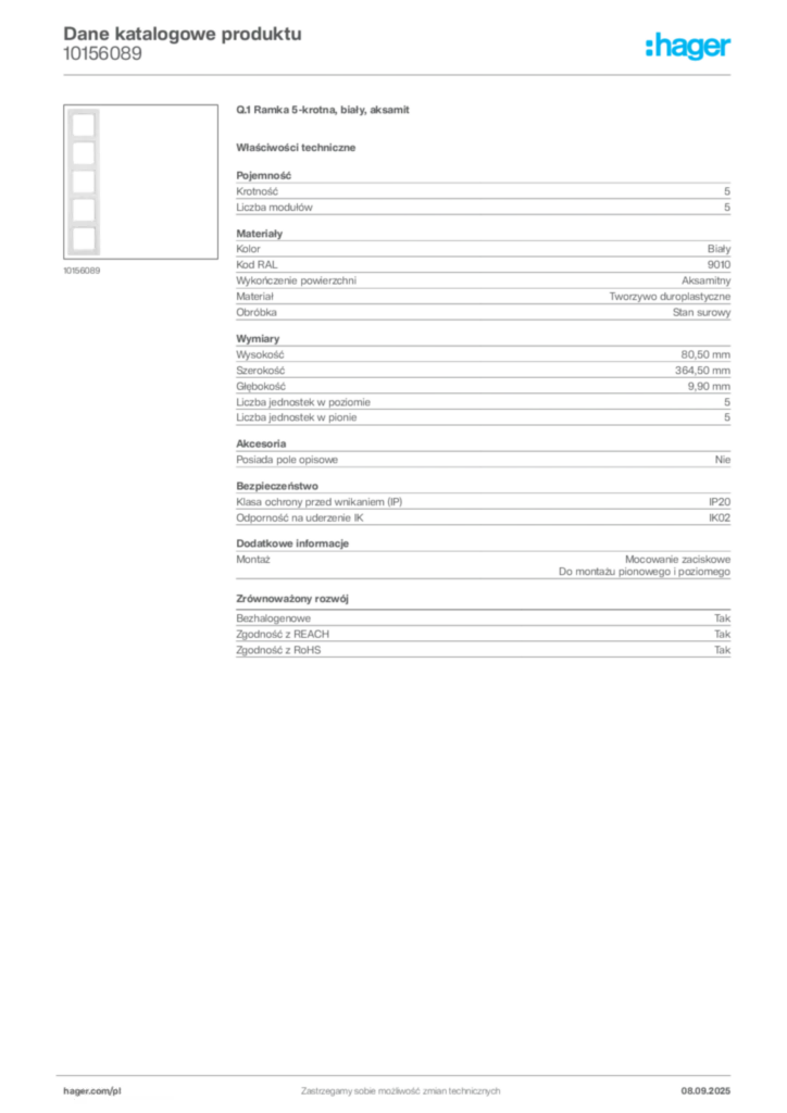 Zdjęcie Hager Dane katalogowe produktu 10156089 | Hager Polska