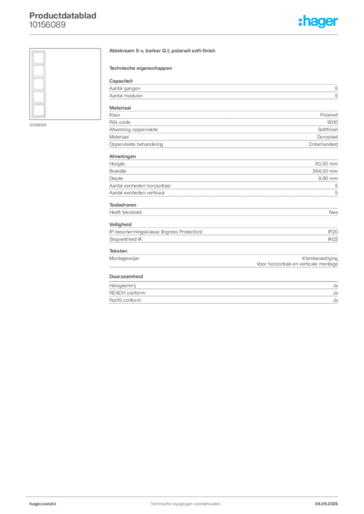 Afbeelding Hager Productdatablad 10156089 | Hager Nederland