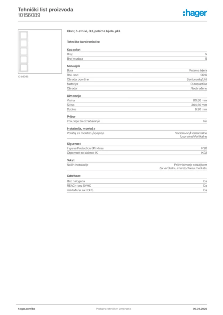 Slika Hager Tehnički list proizvoda 10156089  | Hager