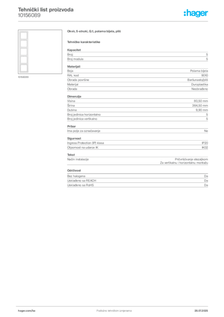 Slika Hager Product data sheet 10156089  | Hager