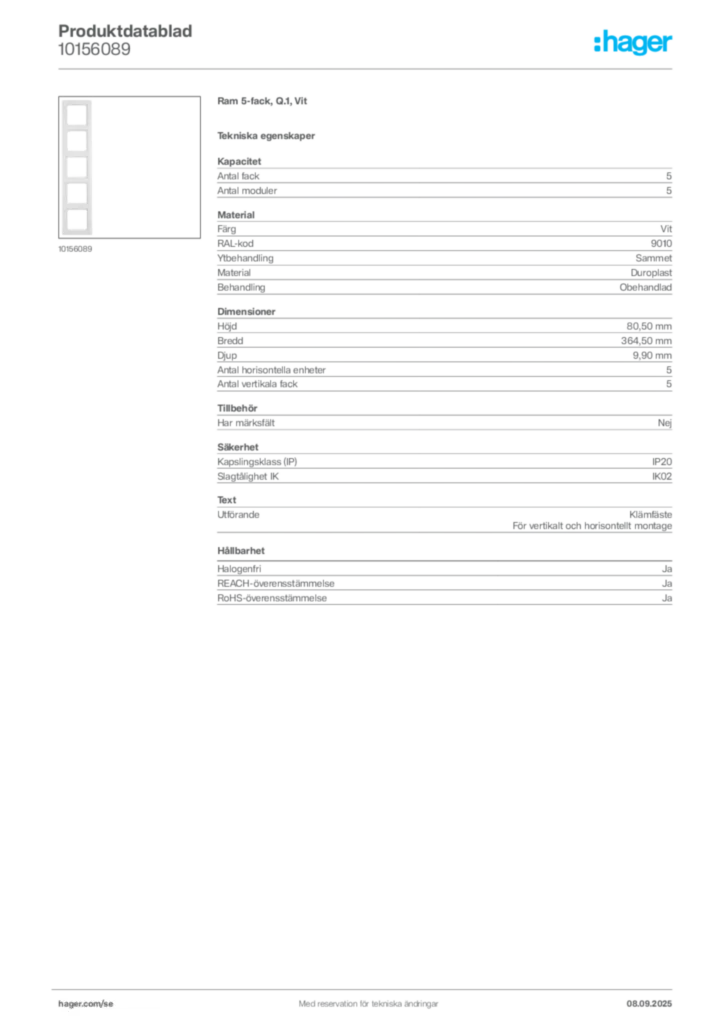 Bild Hager Produktdatablad 10156089 | Hager Sverige