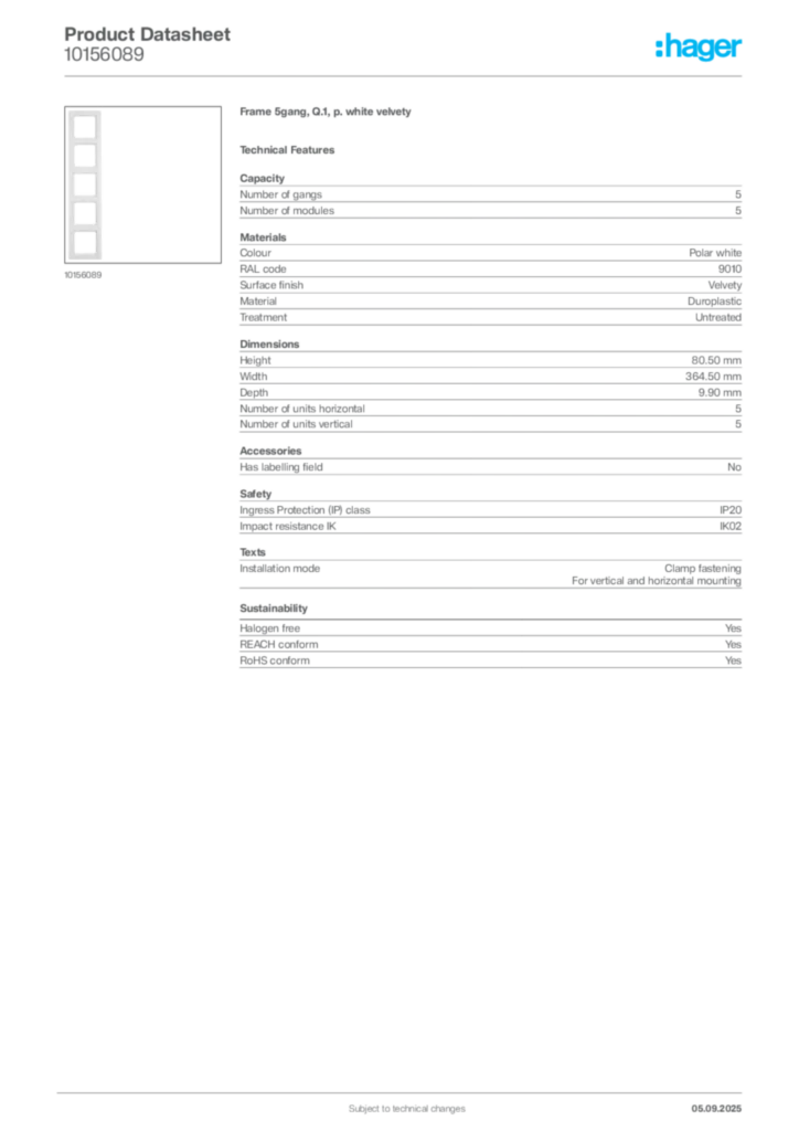 Image Hager Product data sheet 10156089  | Hager