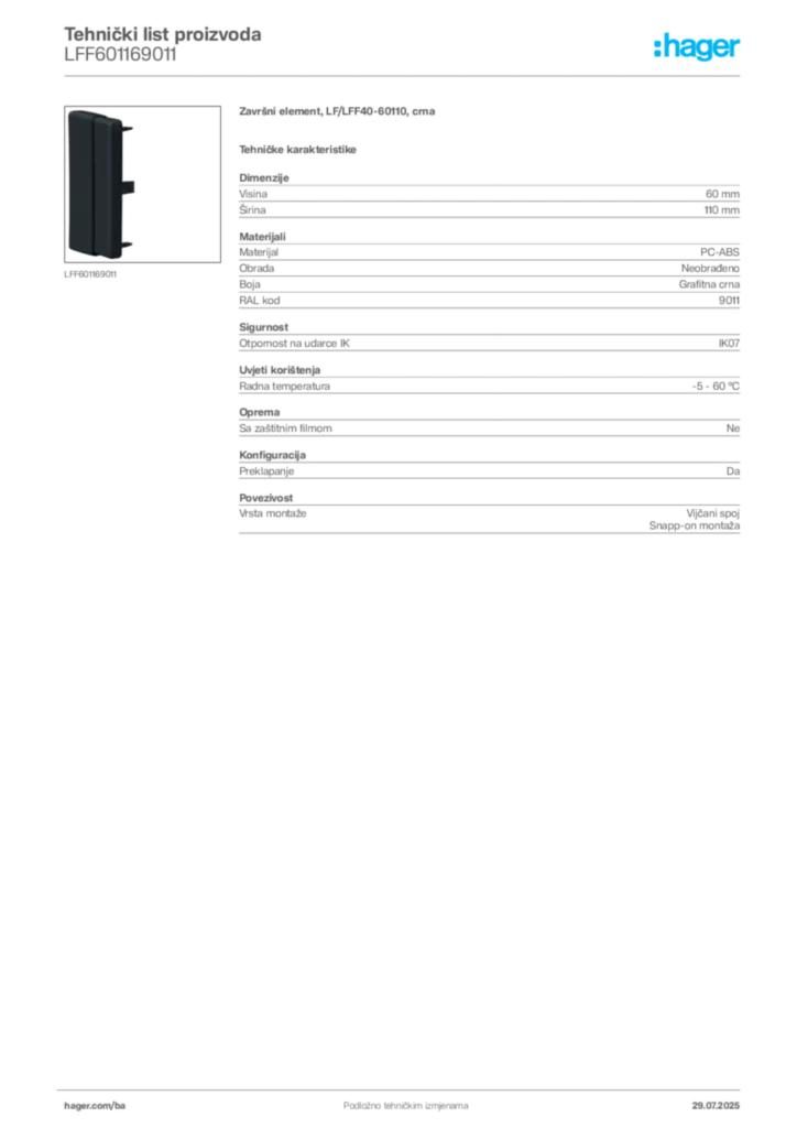 Slika Hager Product data sheet LFF601169011  | Hager