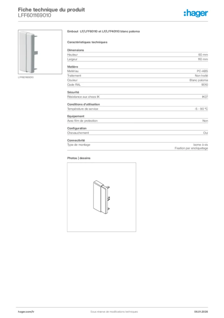 Image Hager Fiche technique du produit LFF601169010 | Hager France