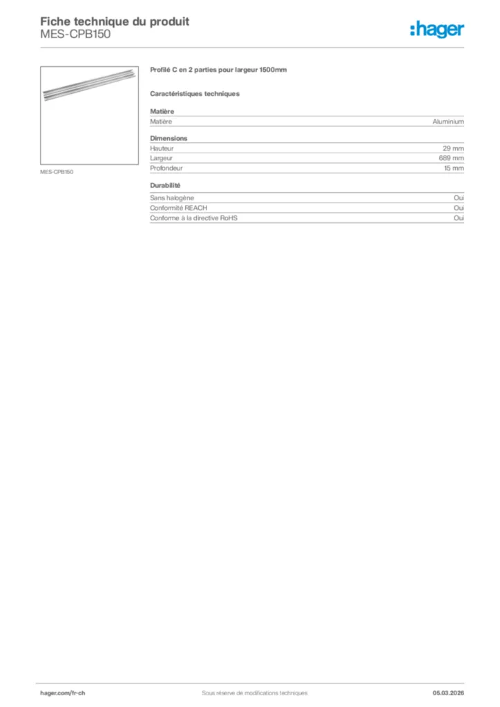 Image Hager Fiche technique du produit MES-CPB150 | Hager Suisse