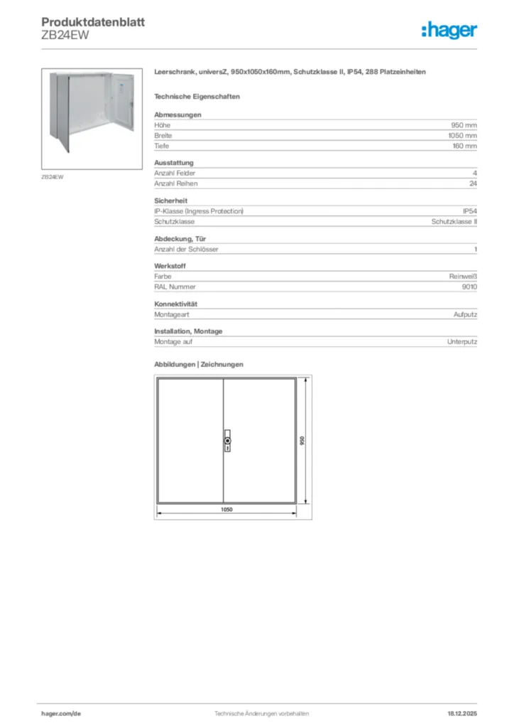 Bild Hager Produktdatenblatt ZB24EW | Hager Deutschland