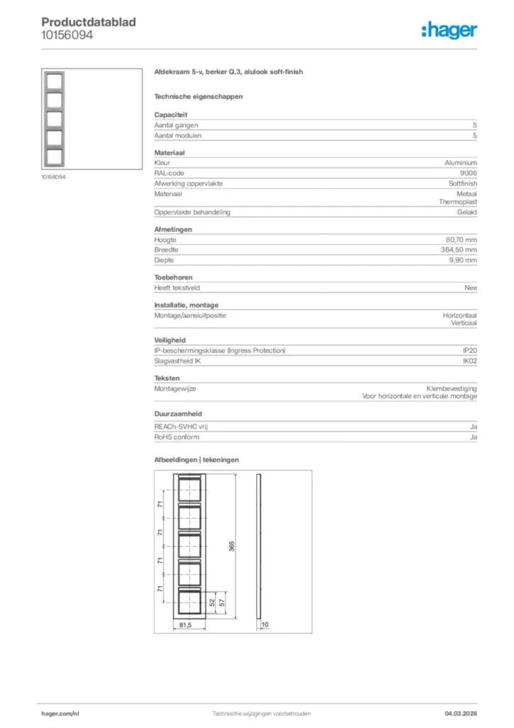 Afbeelding Hager Productdatablad 10156094 | Hager Nederland