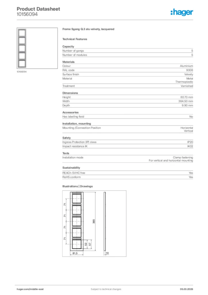 Image Hager Product data sheet 10156094  | Hager