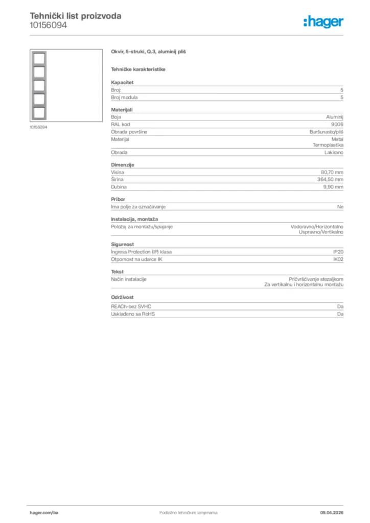 Slika Hager Tehnički list proizvoda 10156094  | Hager