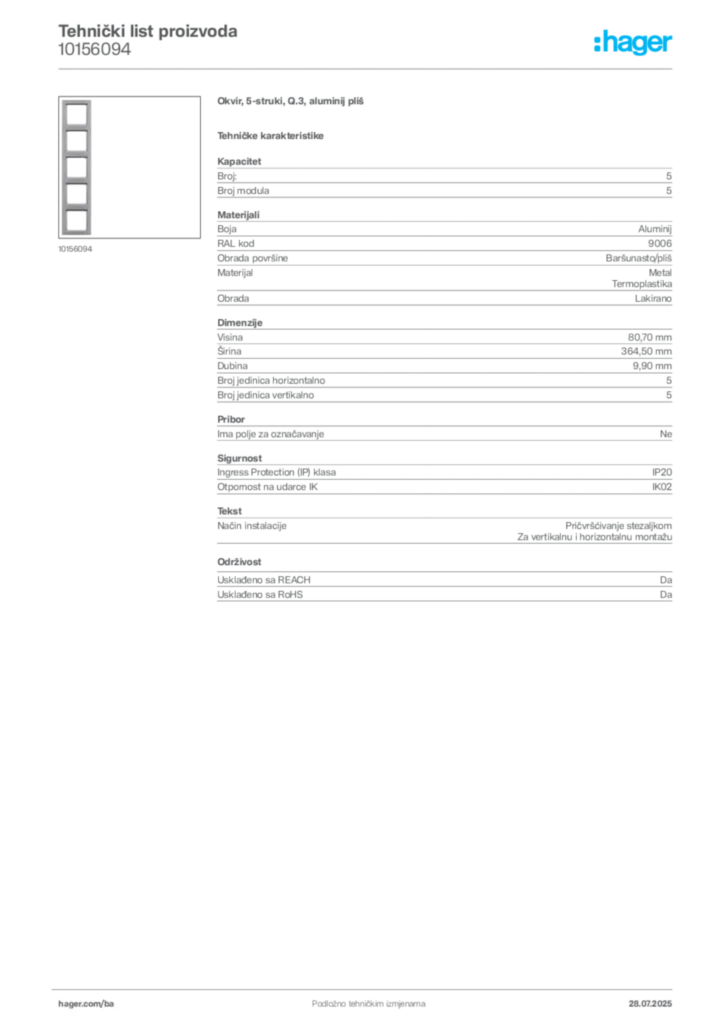 Slika Hager Product data sheet 10156094  | Hager