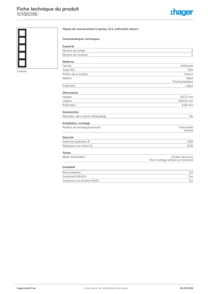 Image Hager Fiche technique du produit 10156096 | Hager Belgique
