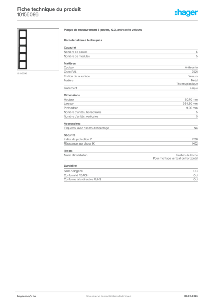 Image Hager Fiche technique du produit 10156096 | Hager Belgique