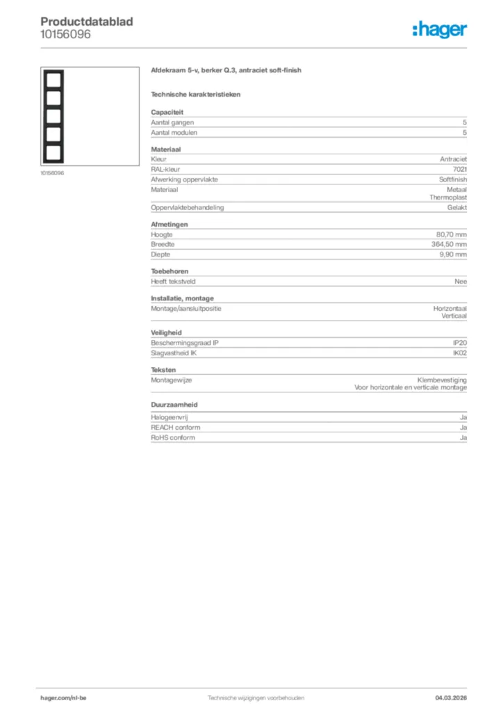 Afbeelding Hager Productdatablad 10156096 | Hager Belgium