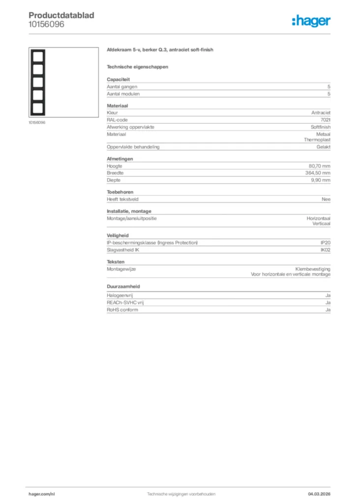 Afbeelding Hager Productdatablad 10156096 | Hager Nederland