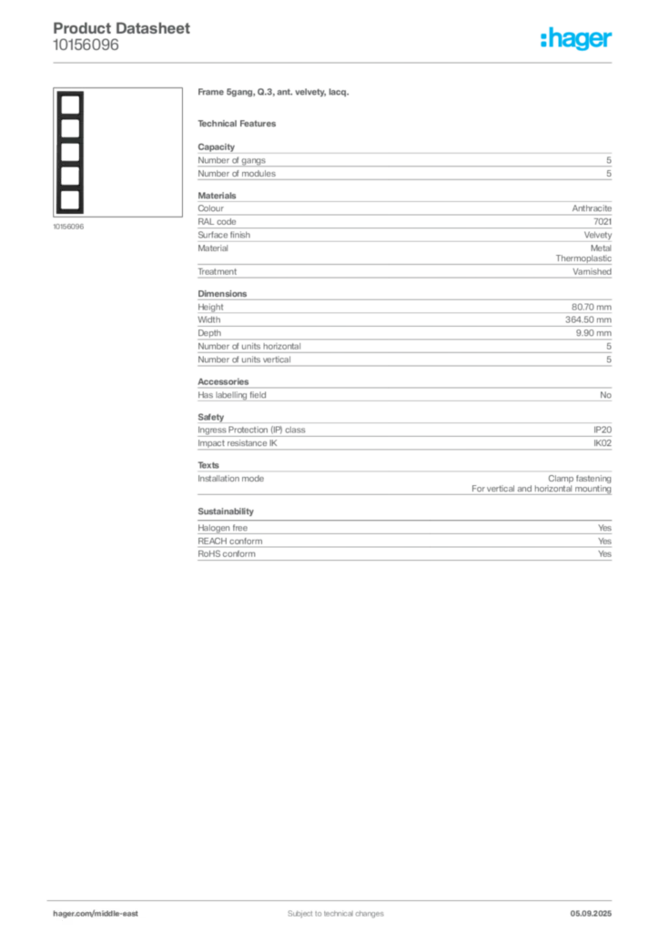 Image Hager Product data sheet 10156096  | Hager
