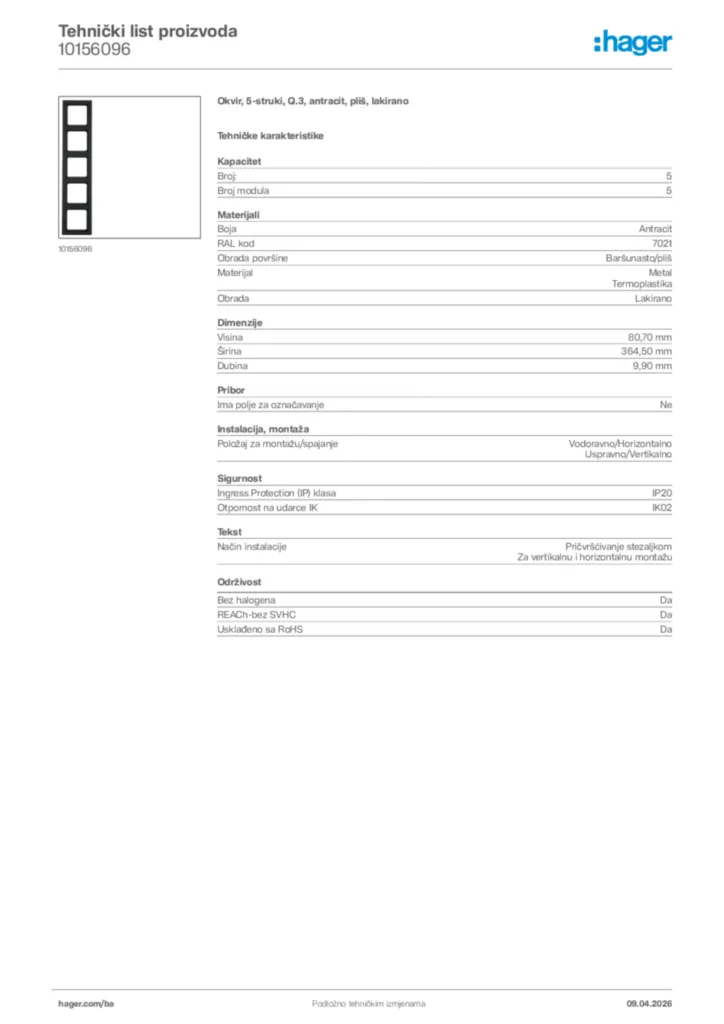 Slika Hager Tehnički list proizvoda 10156096  | Hager