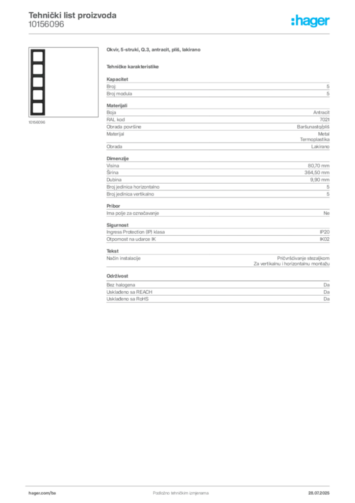 Slika Hager Product data sheet 10156096  | Hager