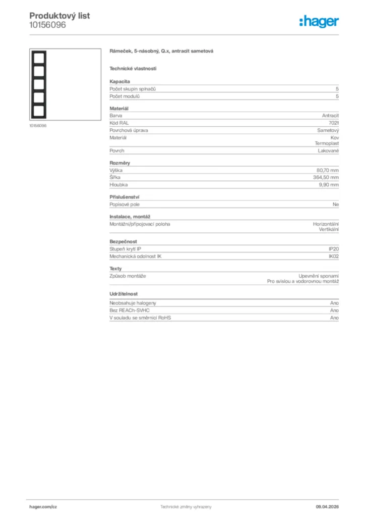 Obrázek Hager Product data sheet 10156096 | Hager