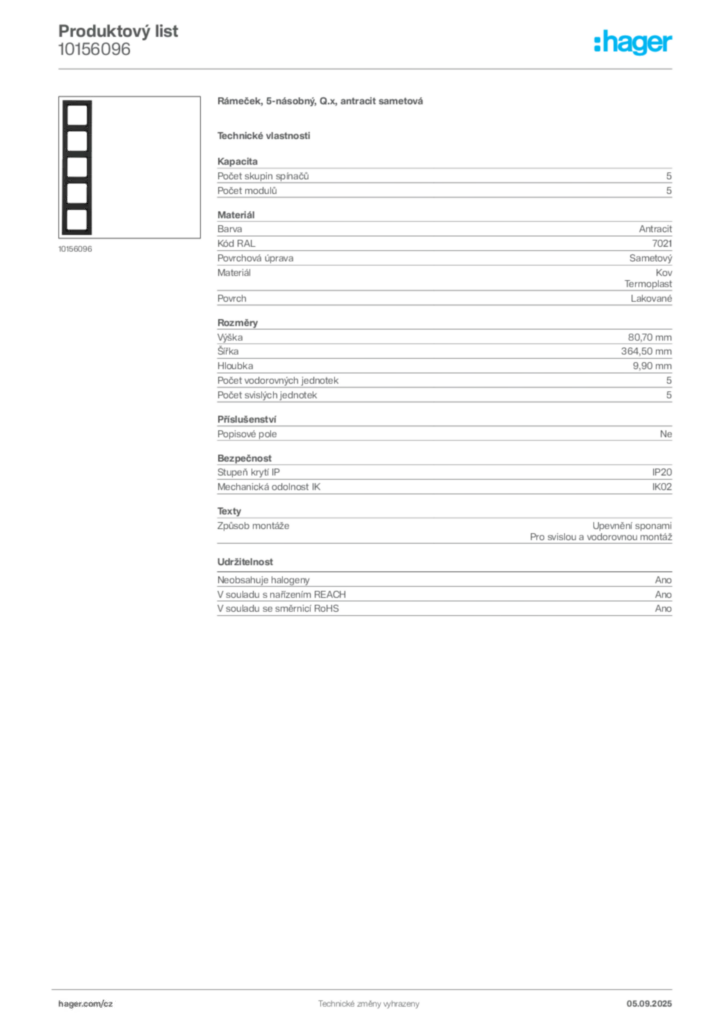 Obrázek Hager Produktový list 10156096 | Hager