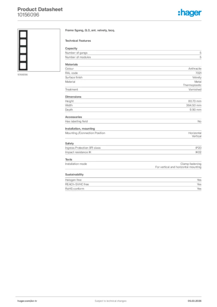 Image Hager Product data sheet 10156096  | Hager