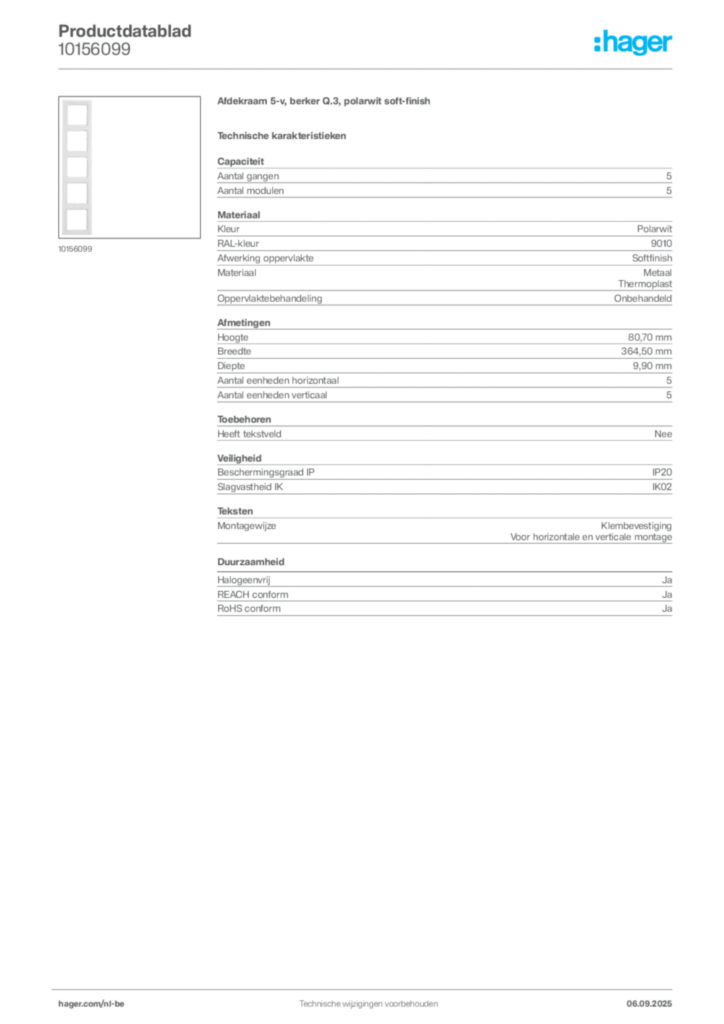 Afbeelding Hager Productdatablad 10156099 | Hager Belgium