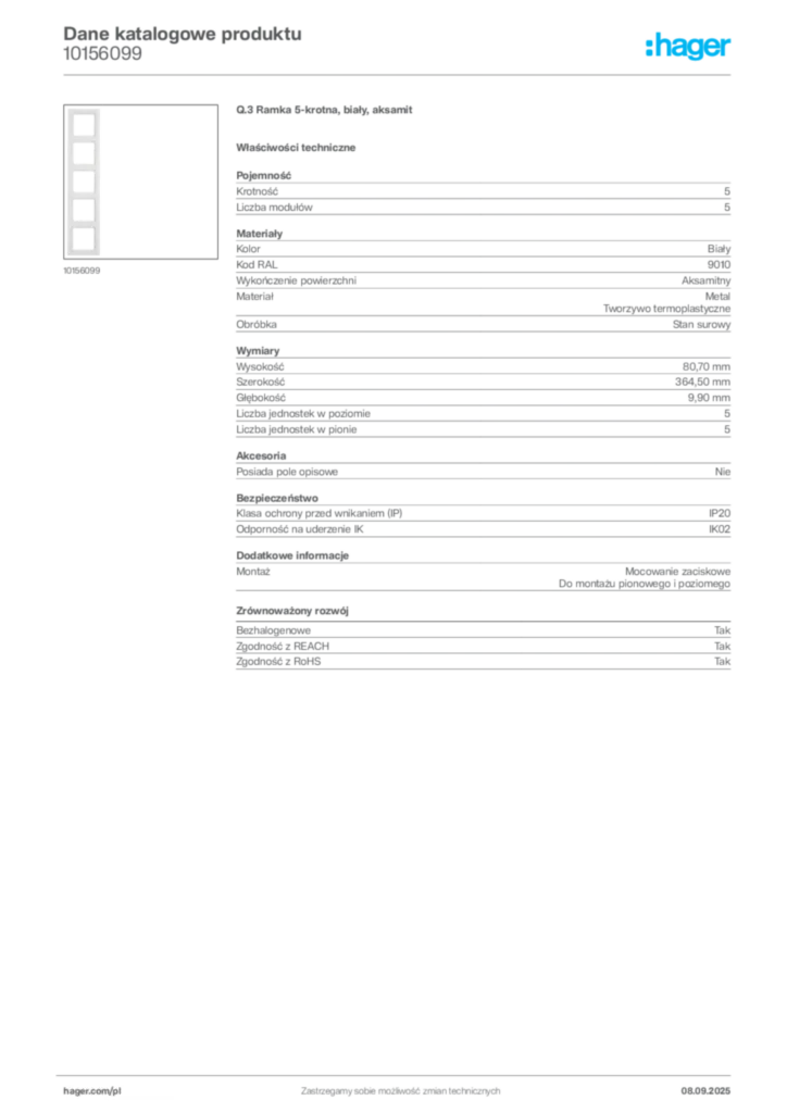 Zdjęcie Hager Dane katalogowe produktu 10156099 | Hager Polska