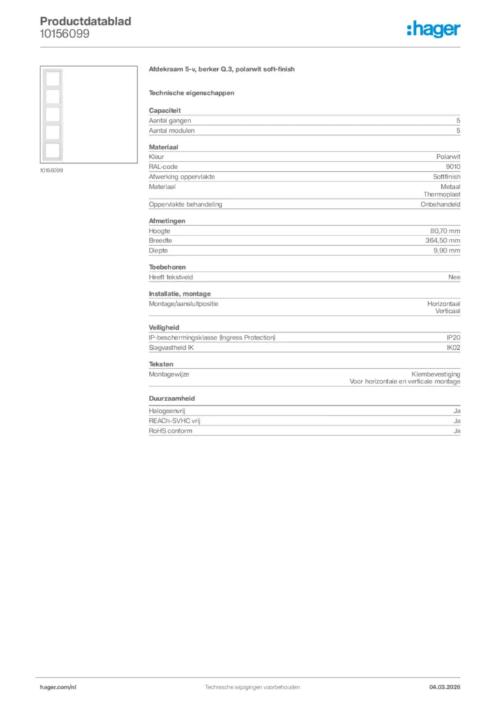 Afbeelding Hager Productdatablad 10156099 | Hager Nederland