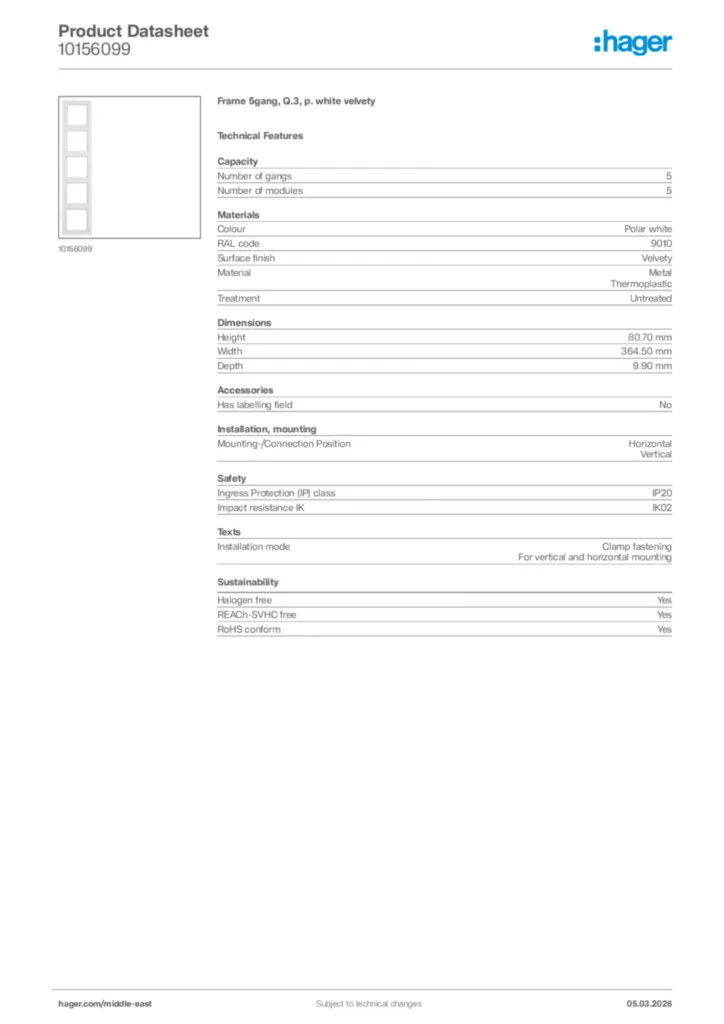 Image Hager Product data sheet 10156099  | Hager