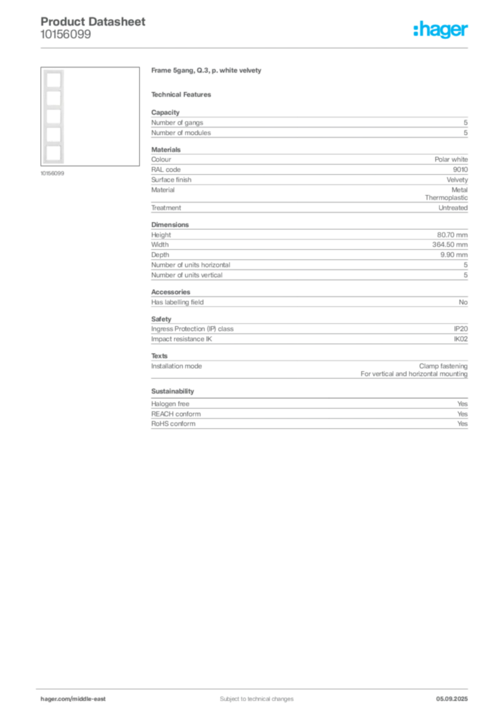 Image Hager Product data sheet 10156099  | Hager