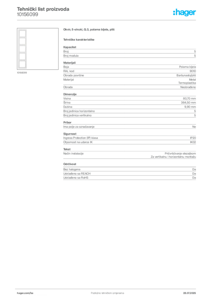 Slika Hager Product data sheet 10156099  | Hager