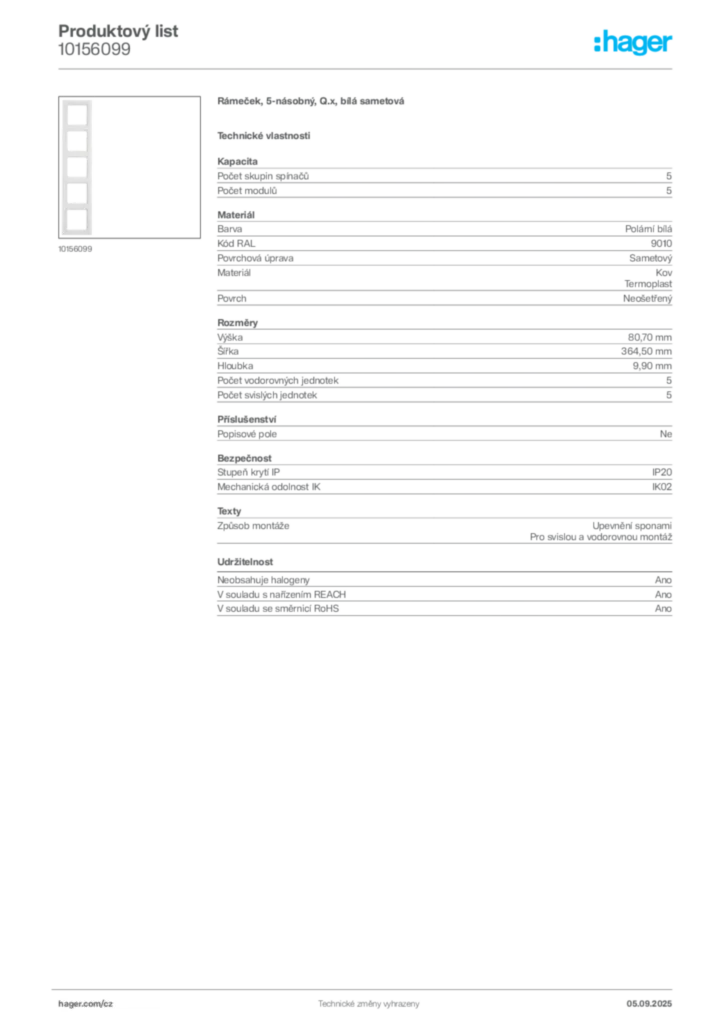 Obrázek Hager Produktový list 10156099 | Hager