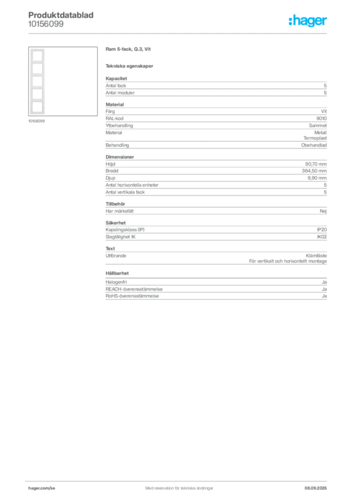 Bild Hager Produktdatablad 10156099 | Hager Sverige