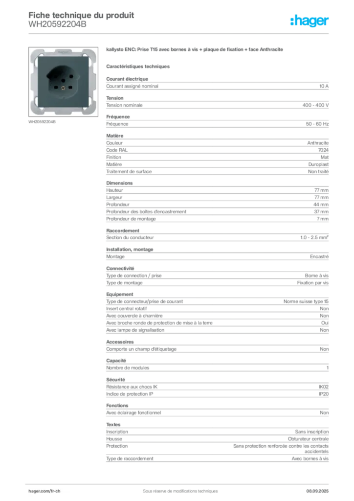 Image Hager Fiche technique du produit WH20592204B | Hager Suisse