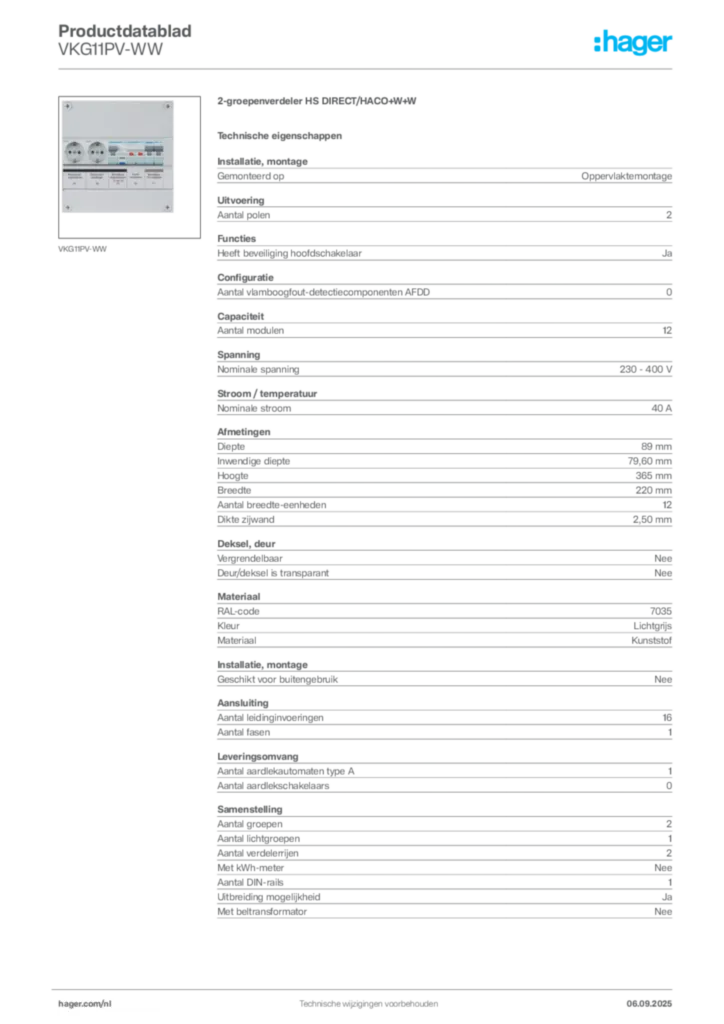 Afbeelding Hager Productdatablad VKG11PV-WW | Hager Nederland