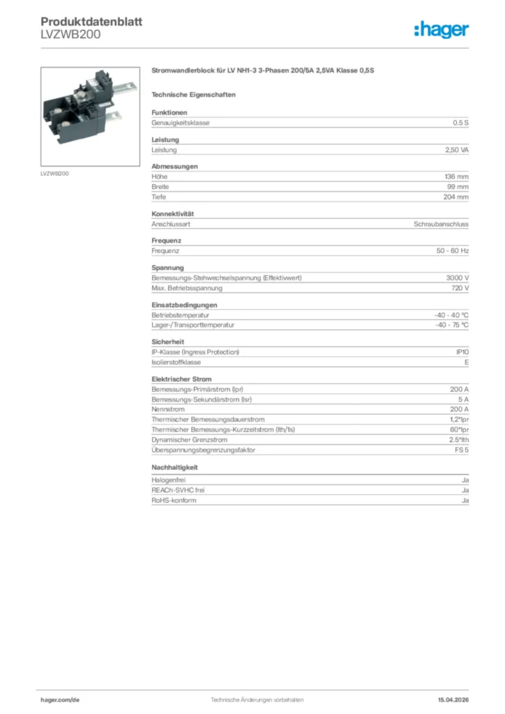 Bild Hager Produktdatenblatt LVZWB200 | Hager Deutschland