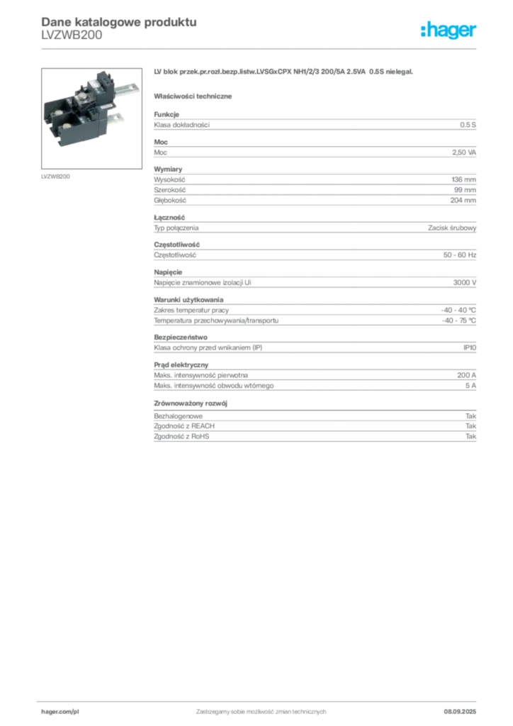 Zdjęcie Hager Dane katalogowe produktu LVZWB200 | Hager Polska