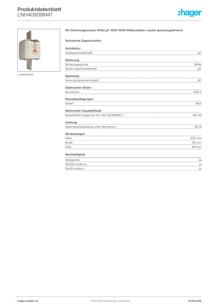Bild Hager Produktdatenblatt LNH40909M4T | Hager Schweiz