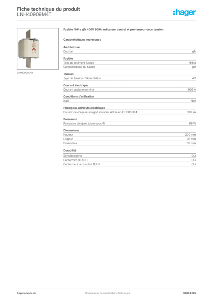 Image Hager Fiche technique du produit LNH40909M4T | Hager Suisse