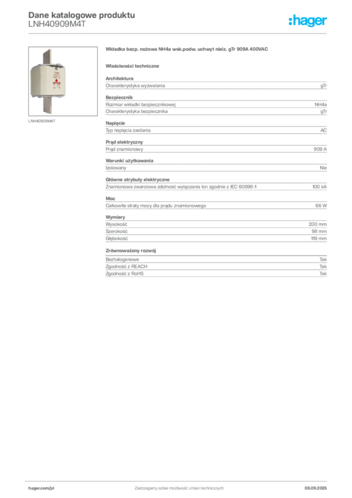 Zdjęcie Hager Dane katalogowe produktu LNH40909M4T | Hager Polska