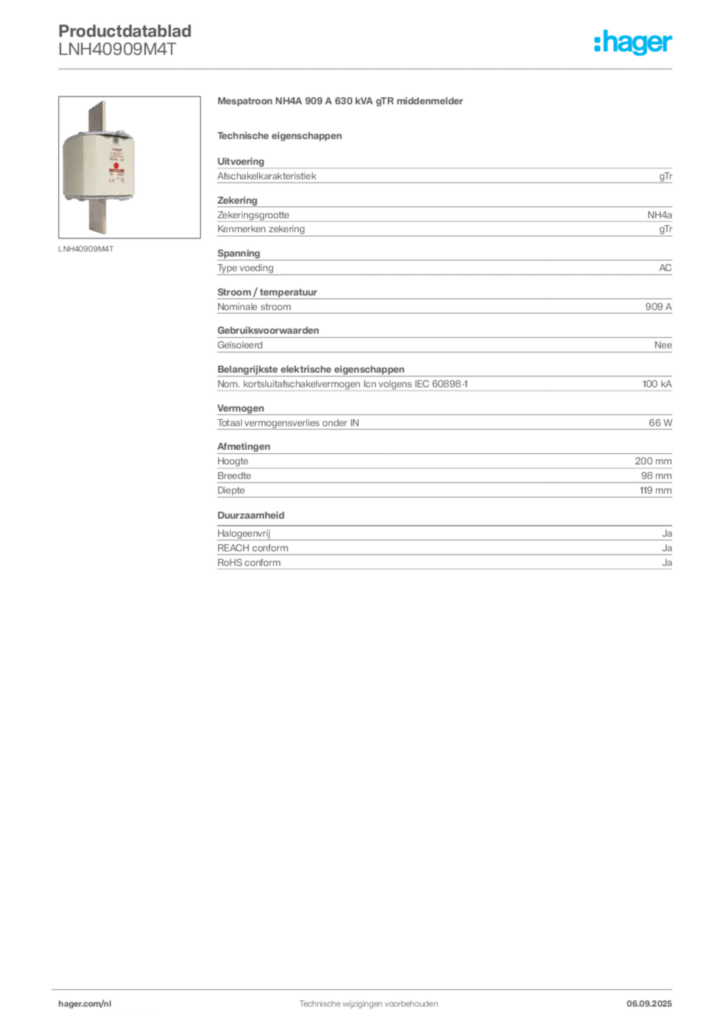 Afbeelding Hager Productdatablad LNH40909M4T | Hager Nederland
