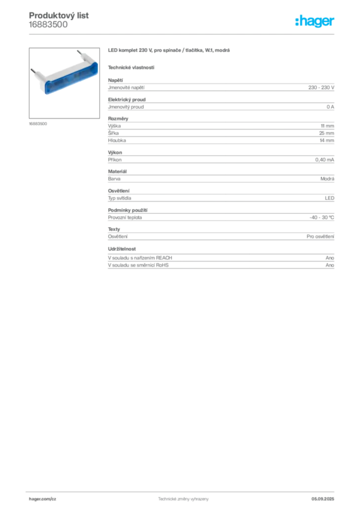Obrázek Hager Produktový list 16883500 | Hager
