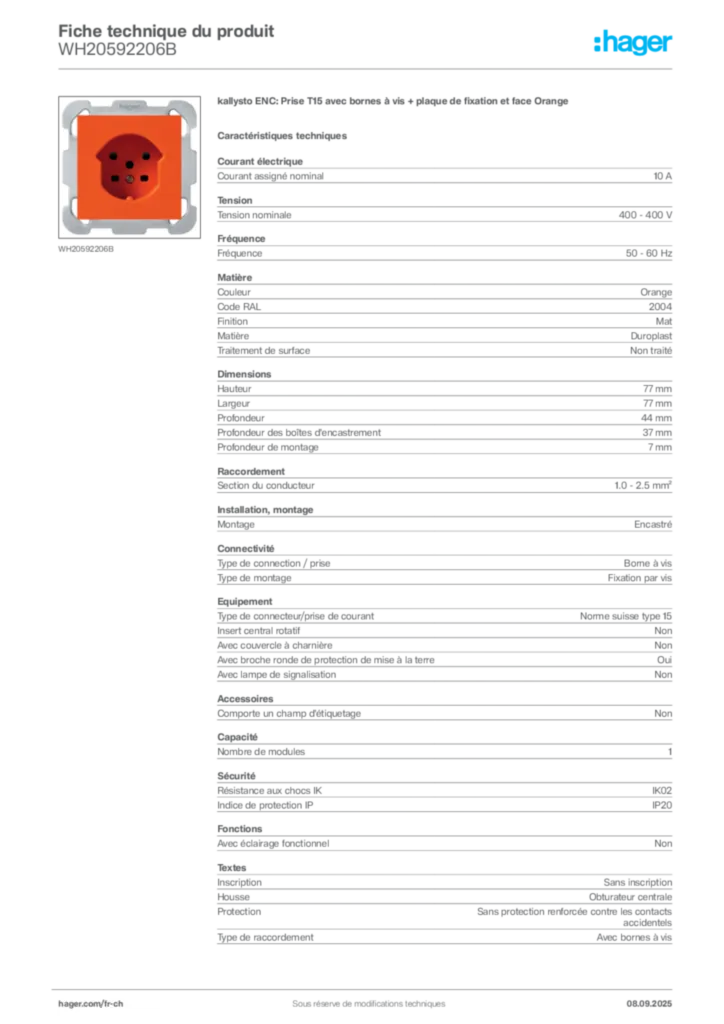 Image Hager Fiche technique du produit WH20592206B | Hager Suisse