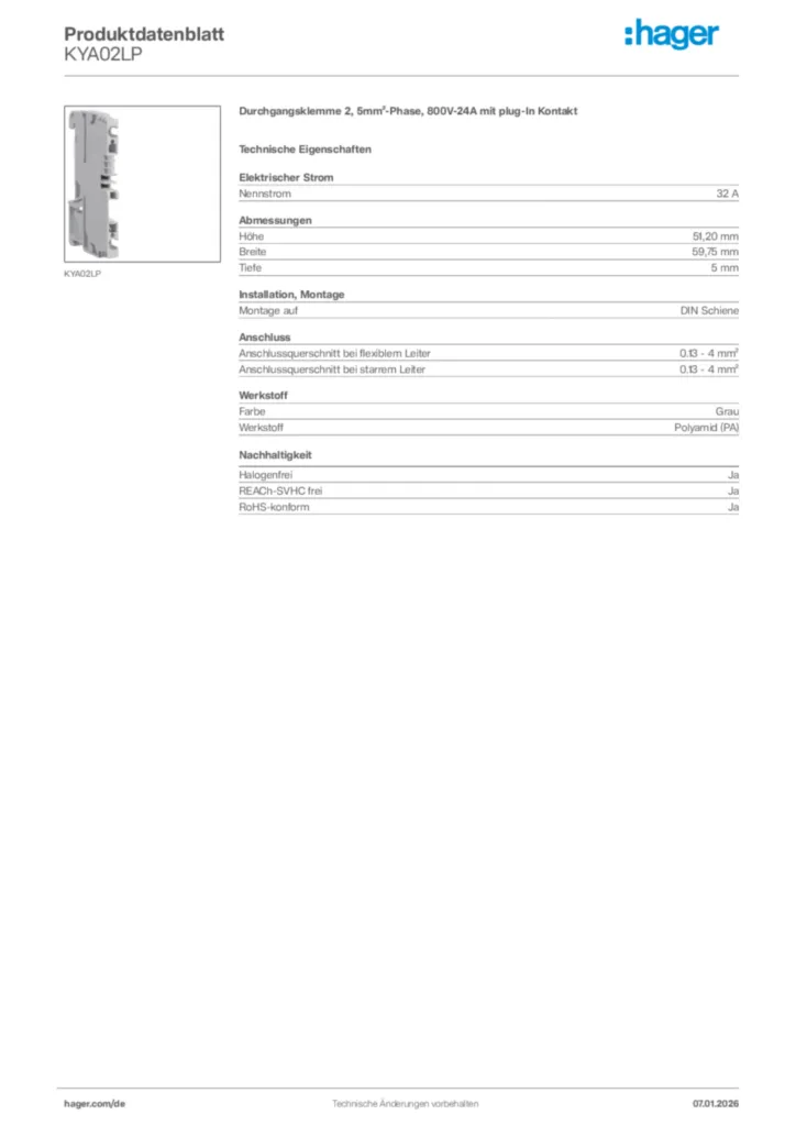 Bild Hager Produktdatenblatt KYA02LP | Hager Deutschland