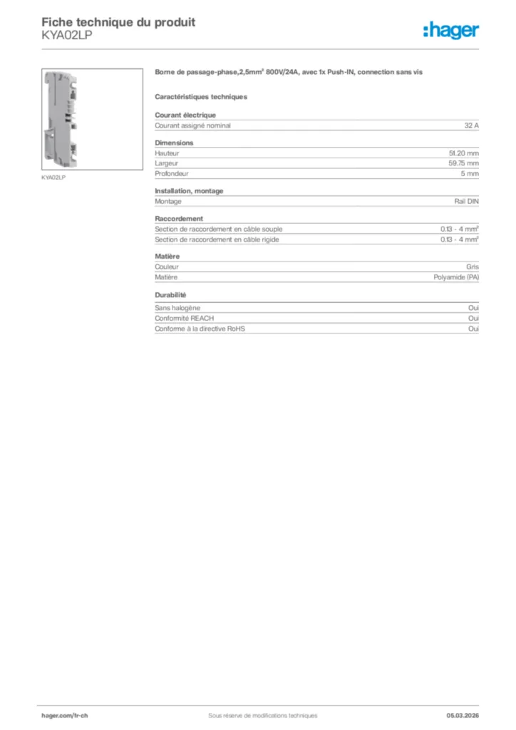 Image Hager Fiche technique du produit KYA02LP | Hager Suisse